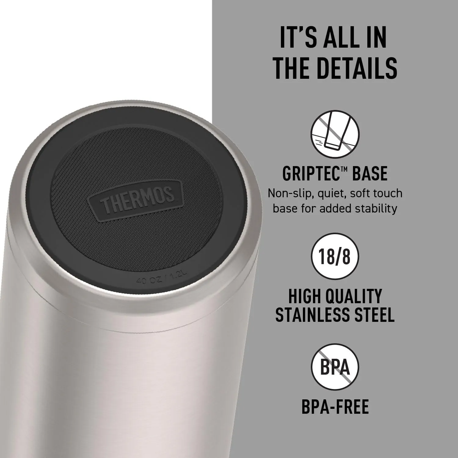 THERMOS ICON SERIES, Stainless Steel Dual Temperature Beverage Bottle, 40 oz, Matte Stainless Steel