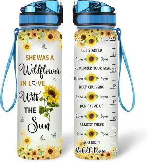 TheSunCozy Personalized She Was A Wildflower In Love With The Sun Sunflower 32oz 1Liter Motivational Water Bottle, Tracking Bottle Time Marker Gifts For Women Sunflower, 5.7 x 7 x29.5(cm)