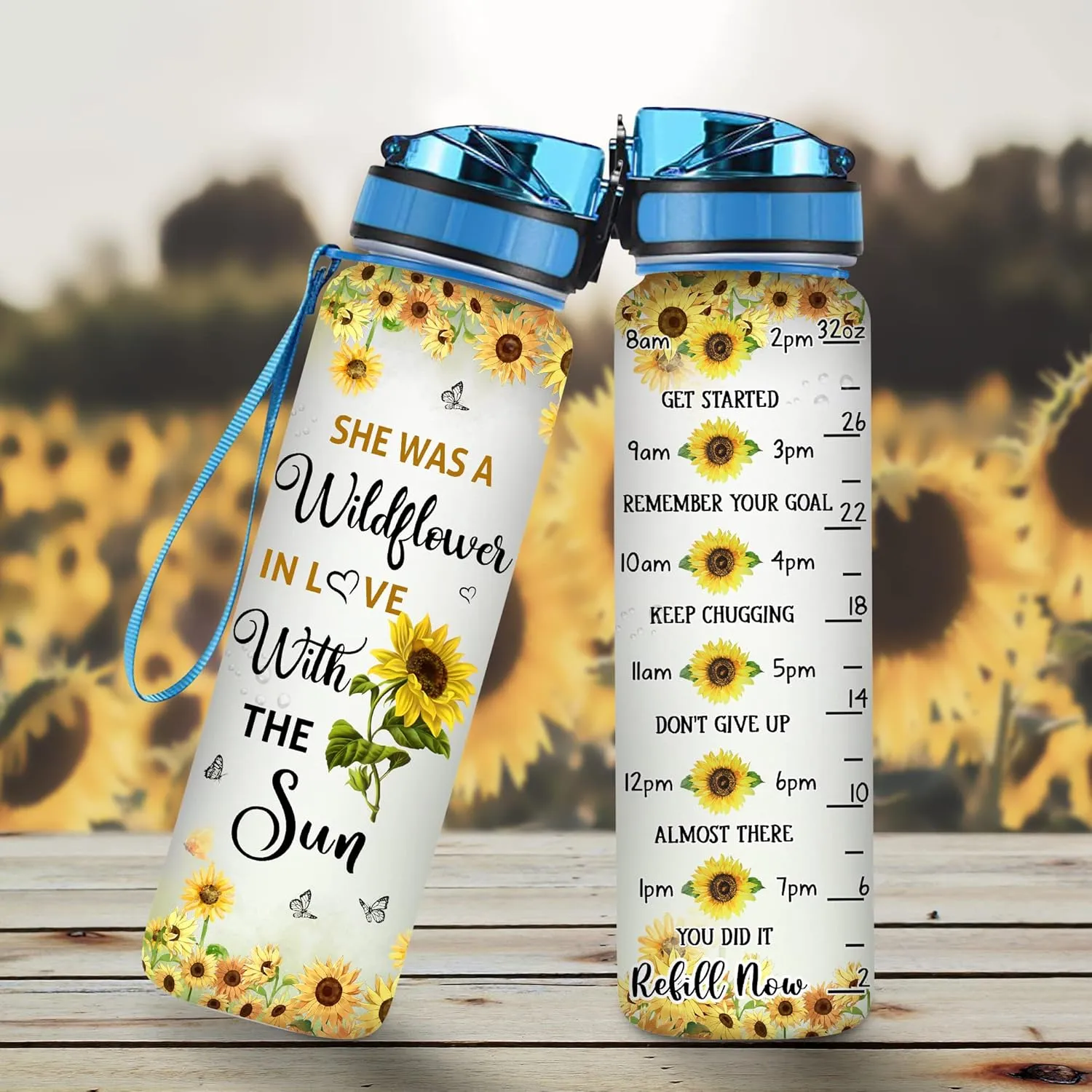 TheSunCozy Personalized She Was A Wildflower In Love With The Sun Sunflower 32oz 1Liter Motivational Water Bottle, Tracking Bottle Time Marker Gifts For Women Sunflower, 5.7 x 7 x29.5(cm)