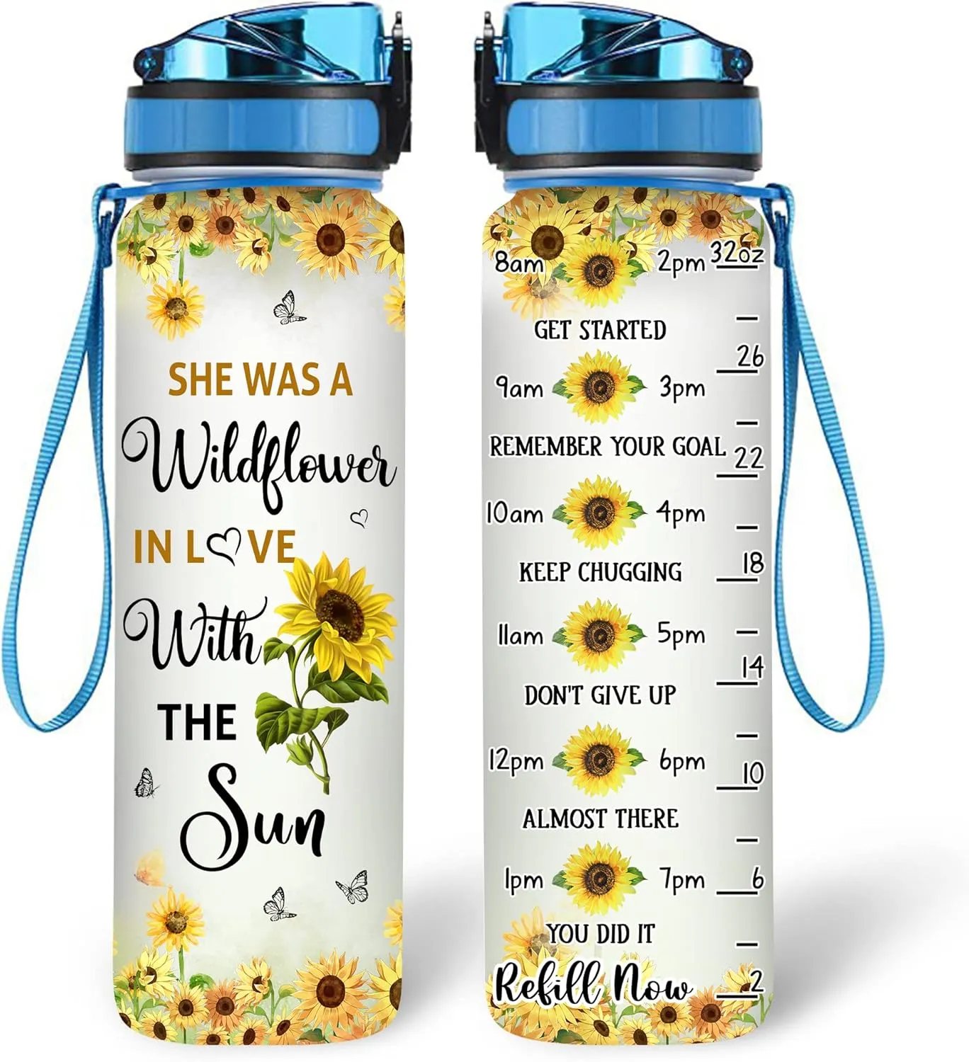 TheSunCozy Personalized She Was A Wildflower In Love With The Sun Sunflower 32oz 1Liter Motivational Water Bottle, Tracking Bottle Time Marker Gifts For Women Sunflower, 5.7 x 7 x29.5(cm)
