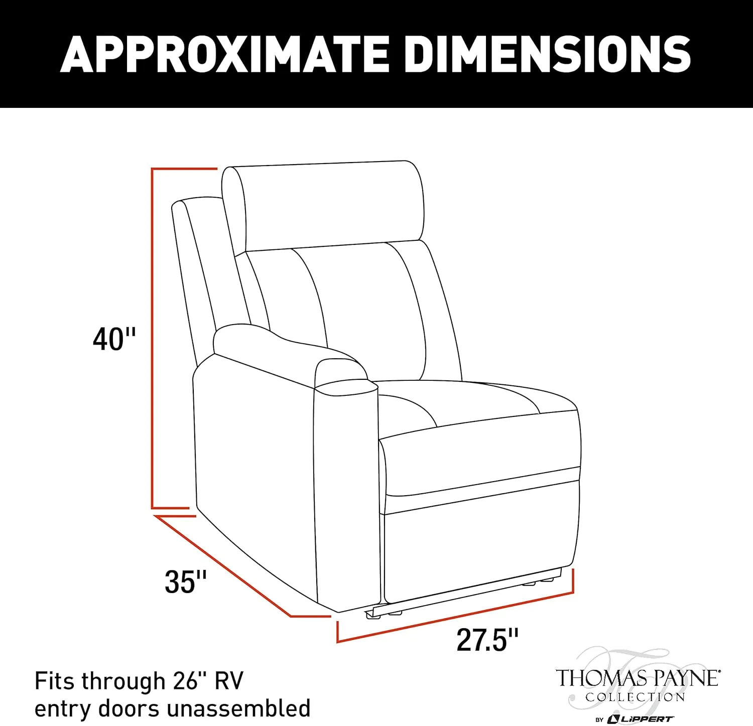 Thomas Payne Heritage Series Theater Seating Collection Right Hand Recliner for 5th Wheel RVs Travel Trailers and Motorhomes Grummond