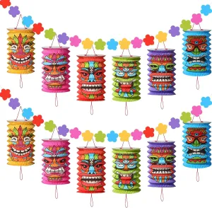Tiki and Flowers Lanterns Banners Hawaiian Party Decorations Tiki Luau Tropical Decor Summer Garland Lanterns Aloha Hanging Decoration for Bars Festival Home Birthday Outdoor(2 Pcs)