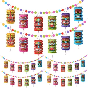 Tiki and Flowers Lanterns Banners Hawaiian Party Decorations Tiki Luau Tropical Decor Summer Garland Lanterns Aloha Hanging Decoration for Bars Festival Home Birthday Outdoor(6 Pcs)