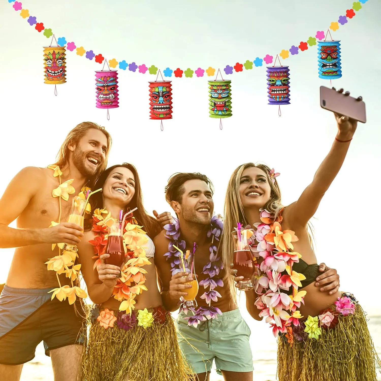 Tiki and Flowers Lanterns Banners Hawaiian Party Decorations Tiki Luau Tropical Decor Summer Garland Lanterns Aloha Hanging Decoration for Bars Festival Home Birthday Outdoor(6 Pcs)