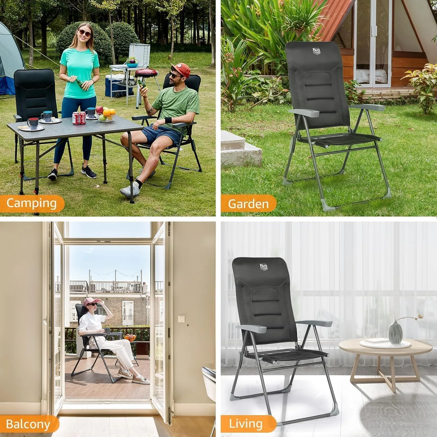 TIMBER RIDGE 7-Level Reclining Camping Chair, Adjustable Folding Patio Chair with High Back for Adults, Lightweight Aluminum Padded Lawn Chair for Outside, Heavy Duty Supports 300 LBS, Black-2 Pack