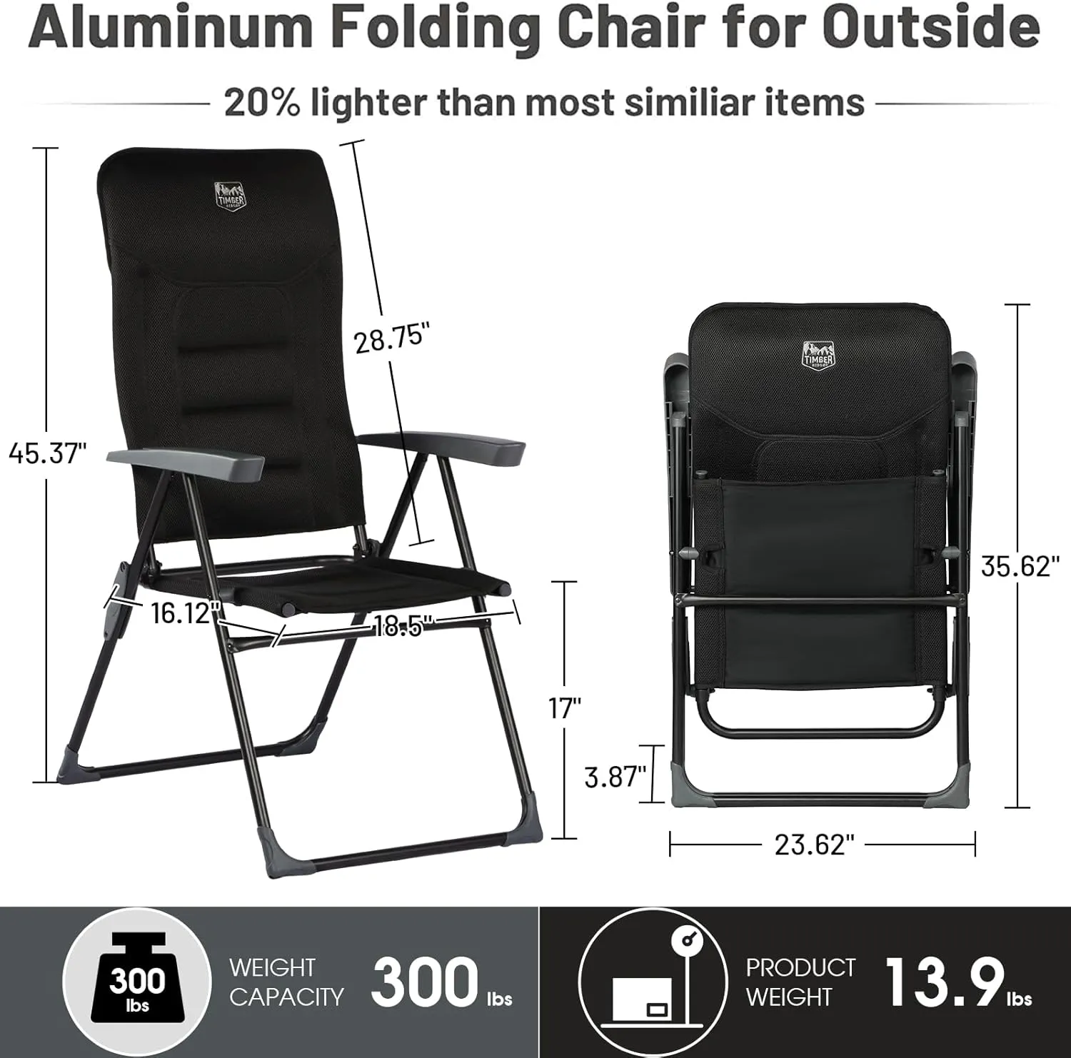TIMBER RIDGE 7-Level Reclining Camping Chair, Adjustable Folding Patio Chair with High Back for Adults, Lightweight Aluminum Padded Lawn Chair for Outside, Heavy Duty Supports 300 LBS, Black-2 Pack