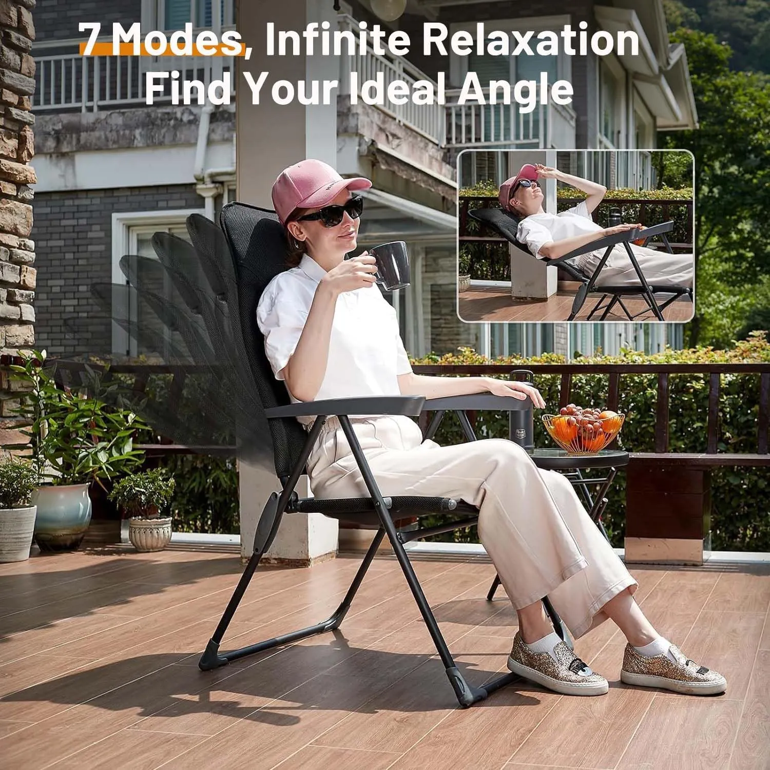 TIMBER RIDGE 7-Level Reclining Camping Chair, Adjustable Folding Patio Chair with High Back for Adults, Lightweight Aluminum Padded Lawn Chair for Outside, Heavy Duty Supports 300 LBS, Black-2 Pack