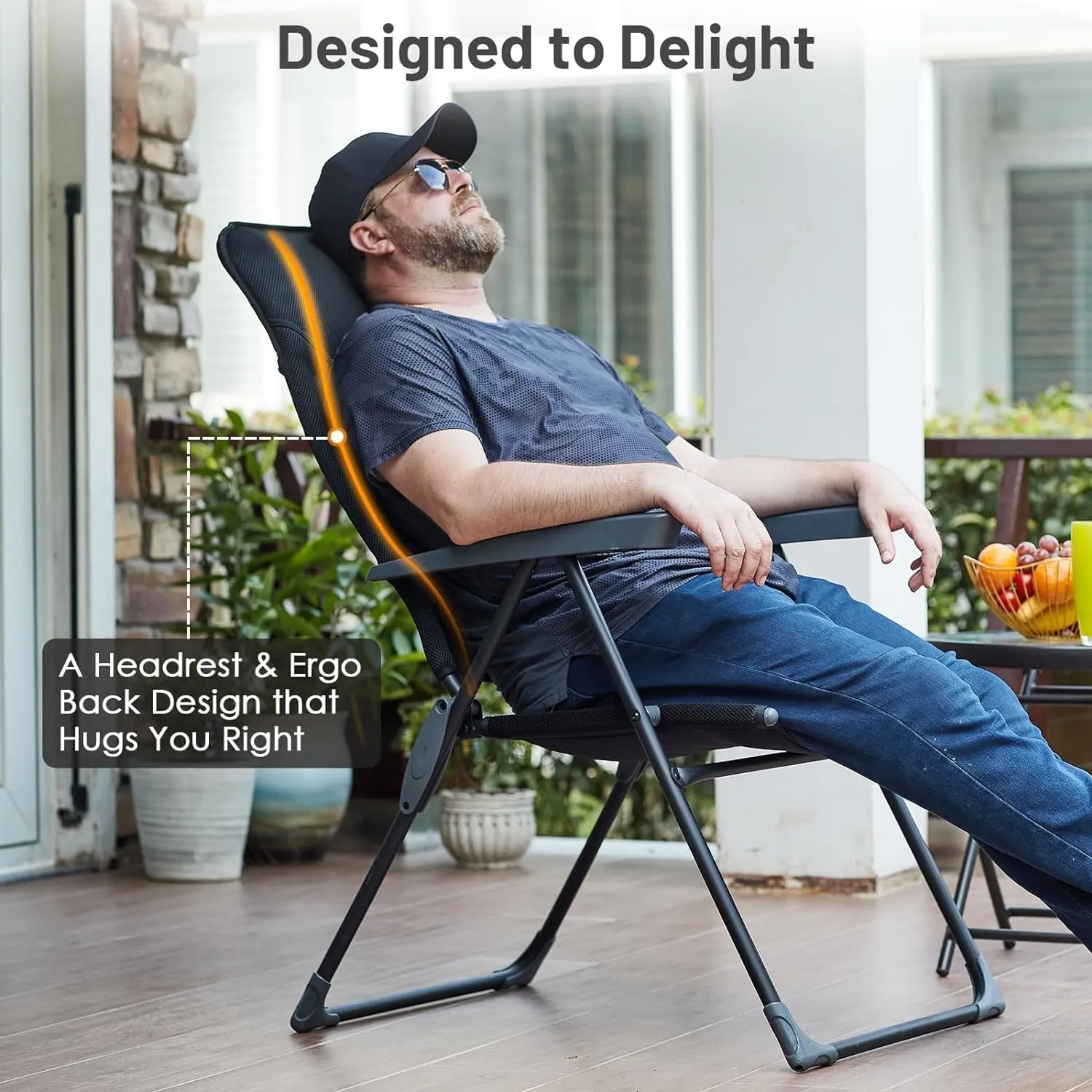 TIMBER RIDGE 7-Level Reclining Camping Chair, Adjustable Folding Patio Chair with High Back for Adults, Lightweight Aluminum Padded Lawn Chair for Outside, Heavy Duty Supports 300 LBS, Black-2 Pack
