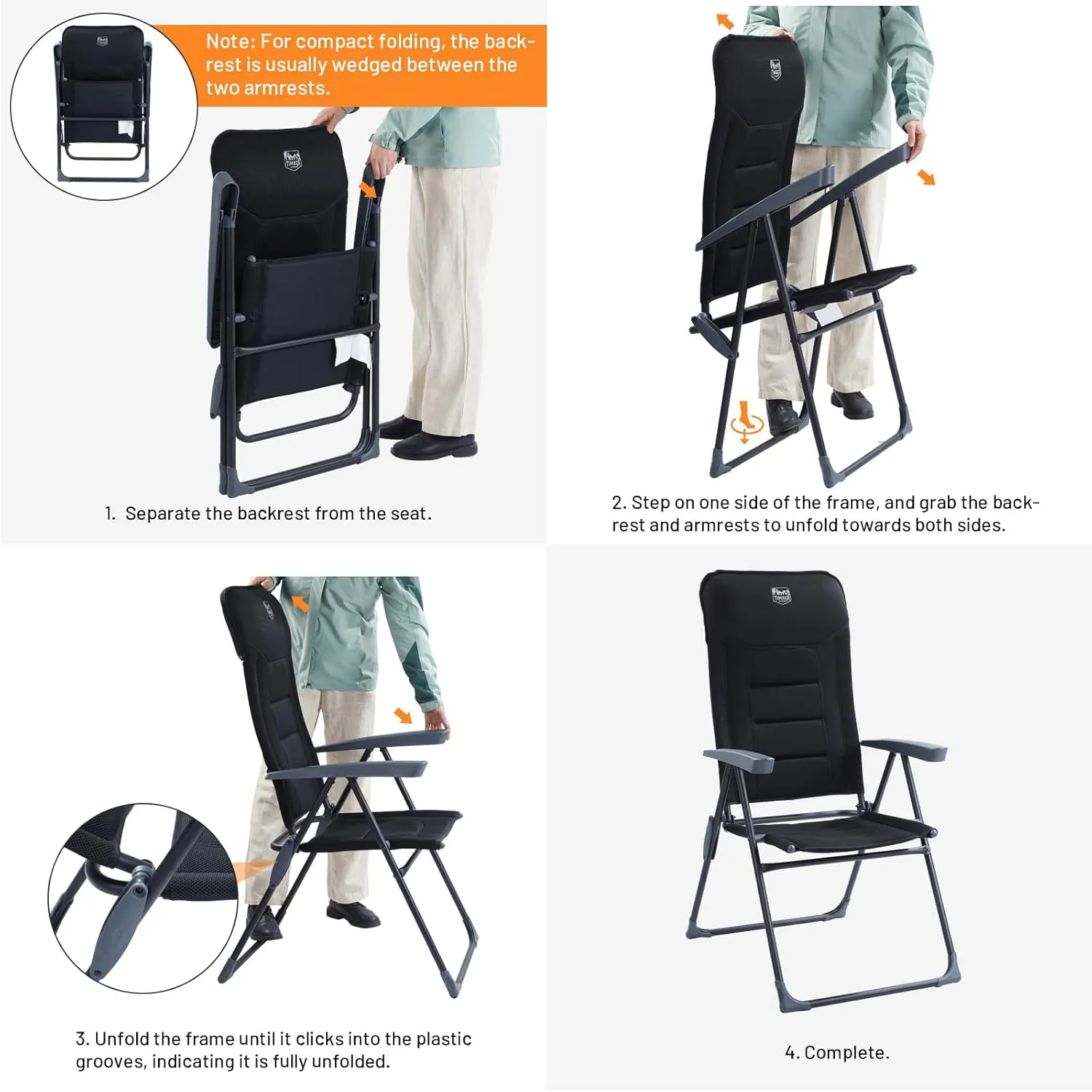 TIMBER RIDGE 7-Level Reclining Camping Chair, Adjustable Folding Patio Chair with High Back for Adults, Lightweight Aluminum Padded Lawn Chair for Outside, Heavy Duty Supports 300 LBS, Black-2 Pack