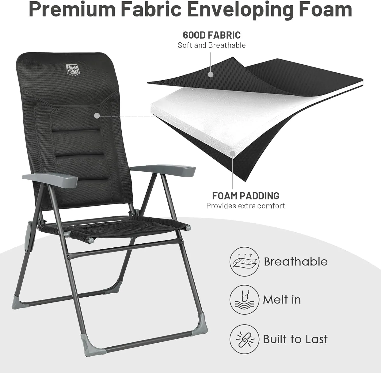 TIMBER RIDGE 7-Level Reclining Camping Chair, Adjustable Folding Patio Chair with High Back for Adults, Lightweight Aluminum Padded Lawn Chair for Outside, Heavy Duty Supports 300 LBS, Black-2 Pack