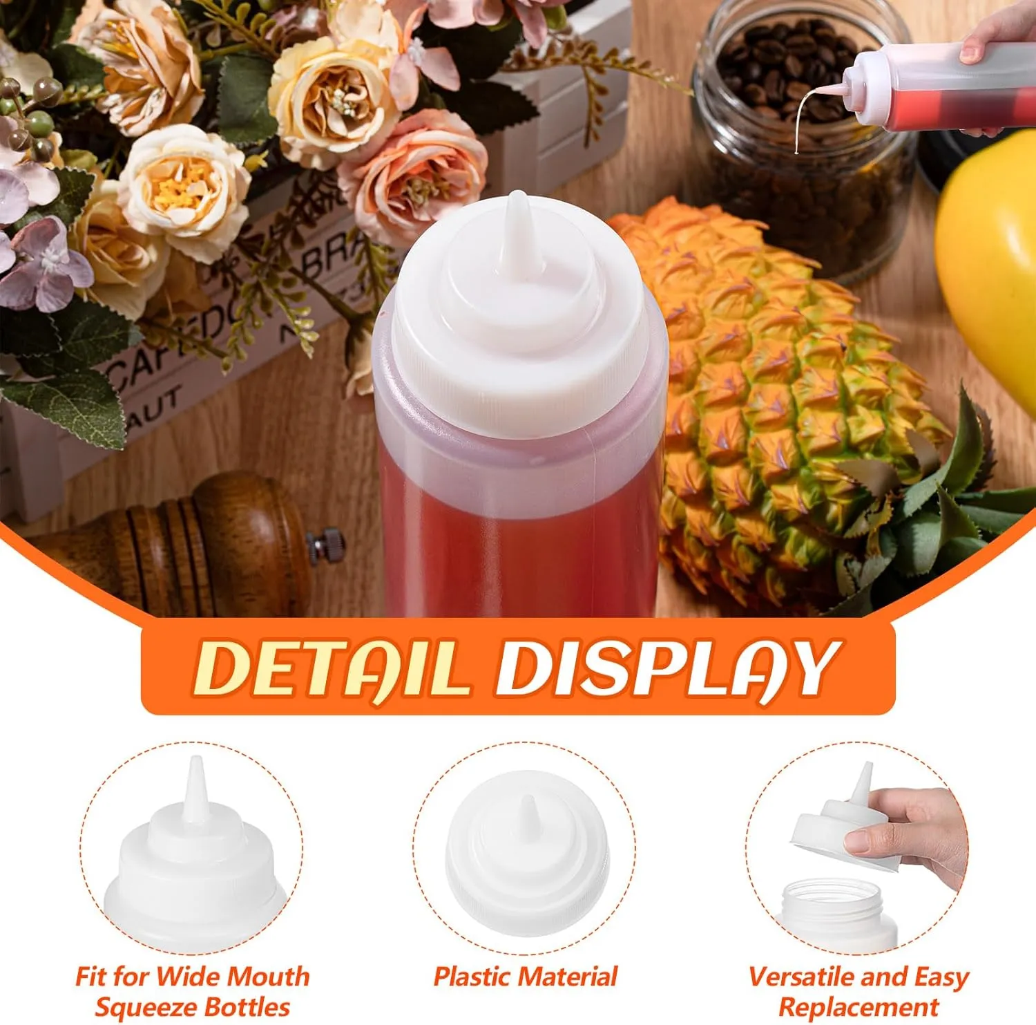Tioncy 36 Pcs Condiment Squeeze Bottle Replacement Cap Plastic Wide Mouth Squeeze Lids for 63mm Emptying Bottle 2.76inch Natural Cone Tip Dispensing Caps for Kitchen Dining Room Dispenses Sauce