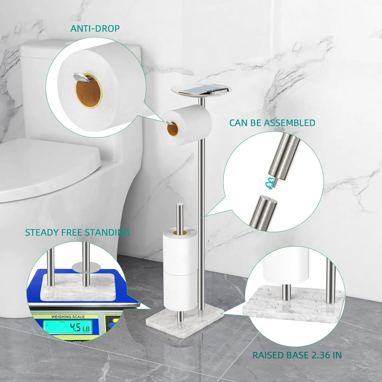 Toilet Paper Holder Stand for Bathroom Floor Standing Toilet Roll Dispenser Storages 4 Reserve Rolls, with Top Storage Shelf for Cell Phones, Wipe, Wallet and More(Marble Brush Nickel)