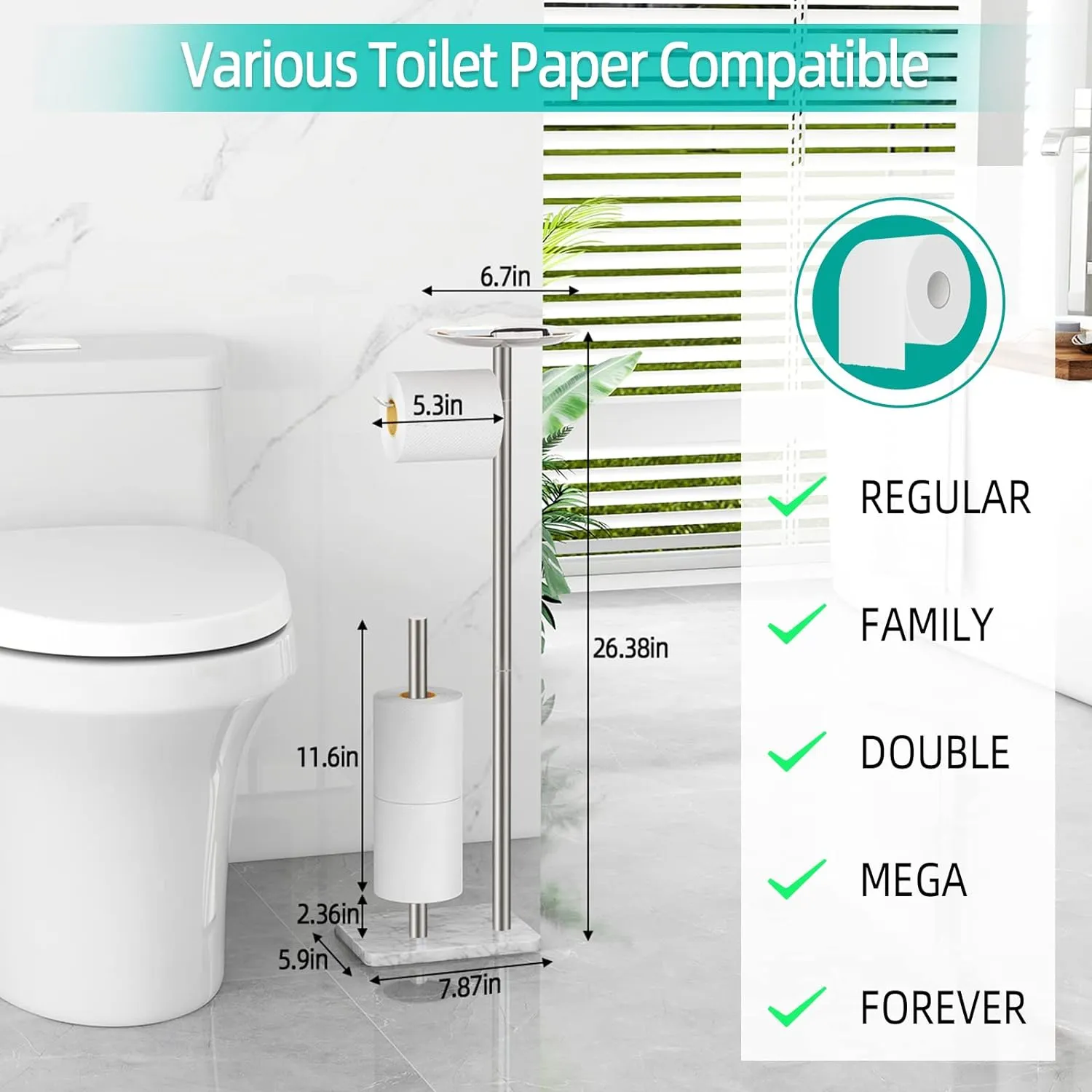 Toilet Paper Holder Stand for Bathroom Floor Standing Toilet Roll Dispenser Storages 4 Reserve Rolls, with Top Storage Shelf for Cell Phones, Wipe, Wallet and More(Marble Brush Nickel)