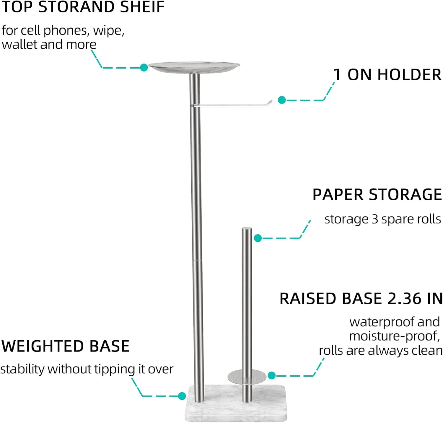 Toilet Paper Holder Stand for Bathroom Floor Standing Toilet Roll Dispenser Storages 4 Reserve Rolls, with Top Storage Shelf for Cell Phones, Wipe, Wallet and More(Marble Brush Nickel)