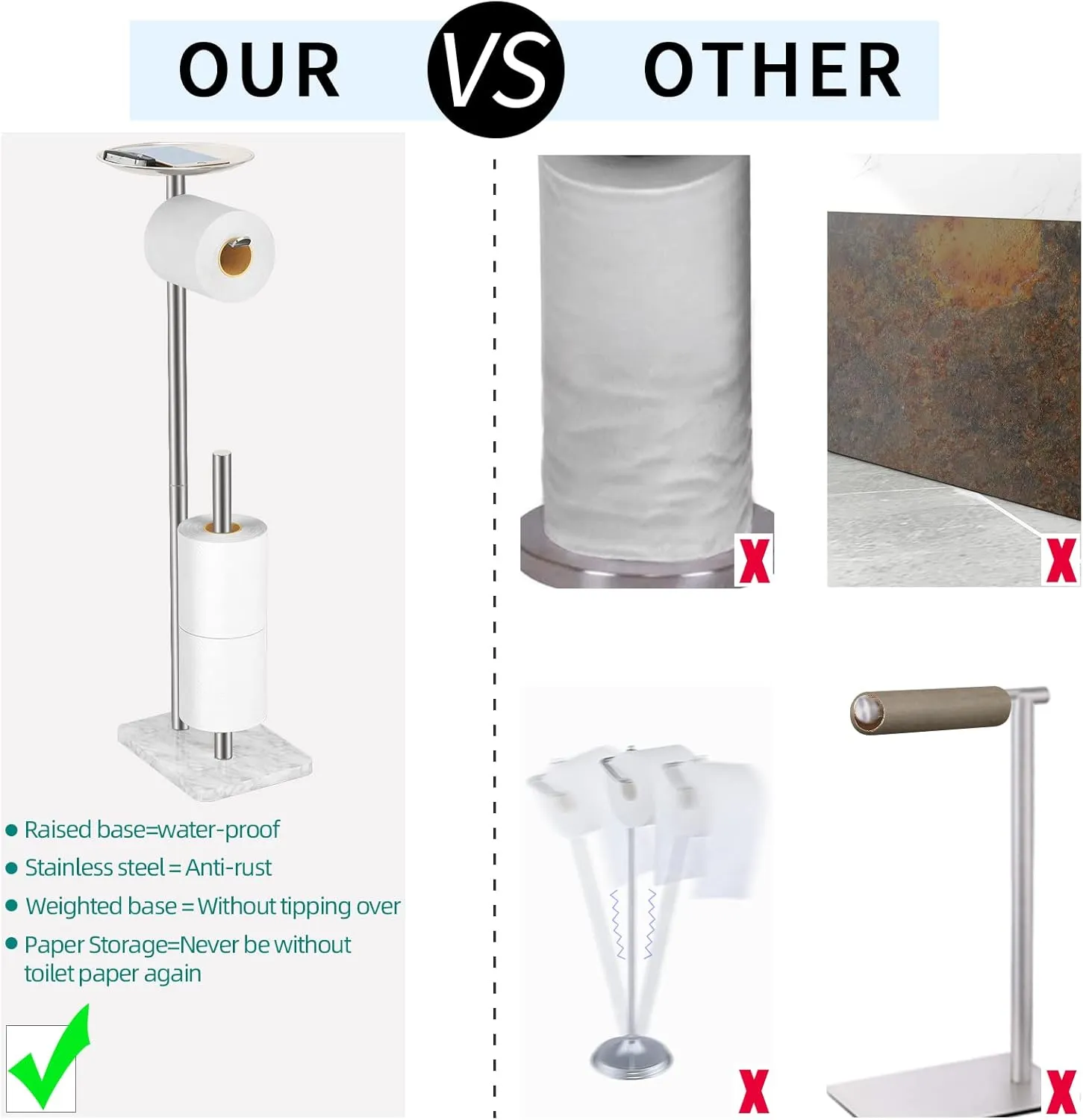 Toilet Paper Holder Stand for Bathroom Floor Standing Toilet Roll Dispenser Storages 4 Reserve Rolls, with Top Storage Shelf for Cell Phones, Wipe, Wallet and More(Marble Brush Nickel)