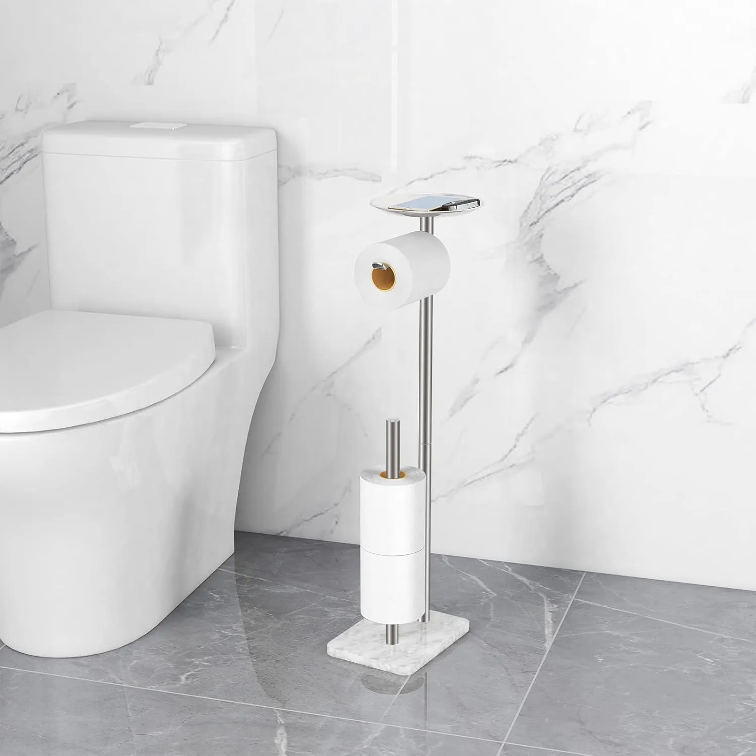 Toilet Paper Holder Stand for Bathroom Floor Standing Toilet Roll Dispenser Storages 4 Reserve Rolls, with Top Storage Shelf for Cell Phones, Wipe, Wallet and More(Marble Brush Nickel)