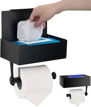Toilet Paper Holder with Shelf,Stainless Steel Adhesive Brushed Toilet Paper Holder Wall Mount,Bathroom Toilet Paper Holder with Storage,Flushable Wipes Dispenser (Matte Black 01)