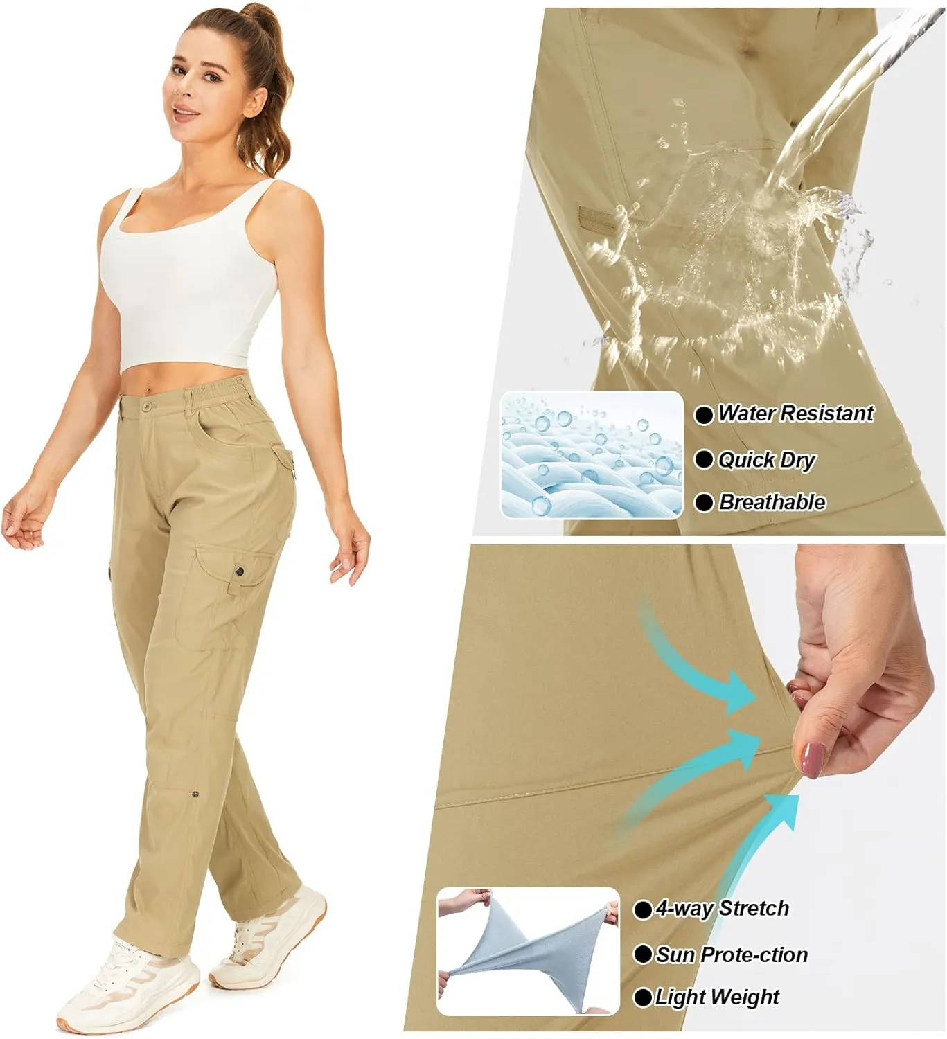 Toomett Women's Hiking Cargo Pants convertible Quick Dry UPF50  Waterproof capri Fishing Safari Travel Pants