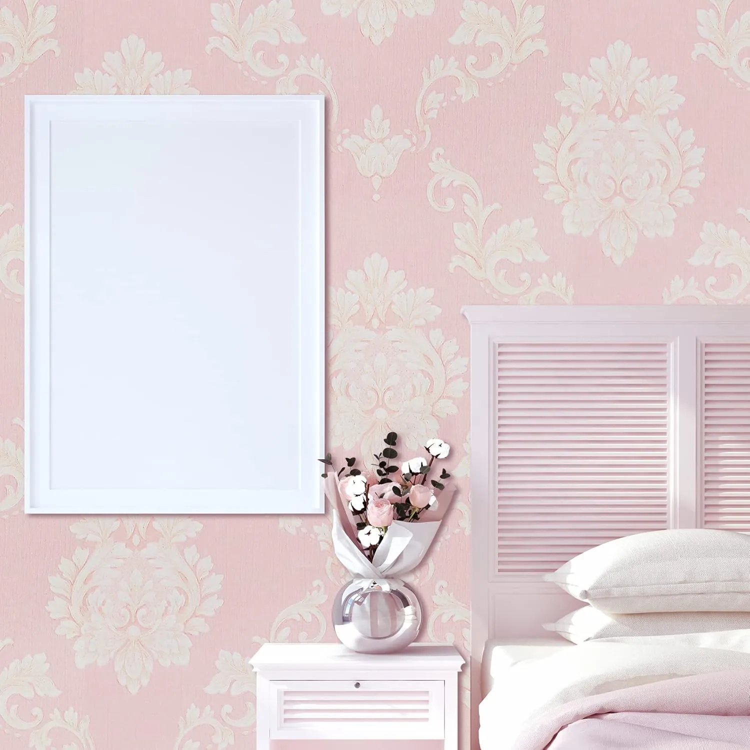 TORC Pink Damask Wallpaper Peel and Stick 20.8 in x 32.8 ft, Self Adhensive Victorian Contact Paper for Nursery Girls Bedroom Removable Waterproof