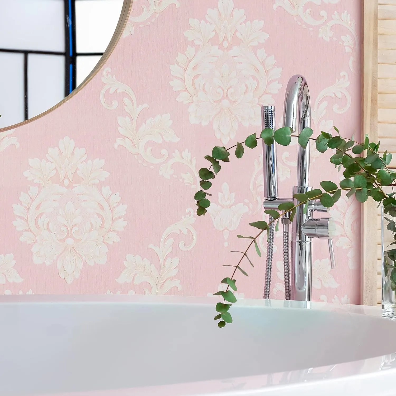 TORC Pink Damask Wallpaper Peel and Stick 20.8 in x 32.8 ft, Self Adhensive Victorian Contact Paper for Nursery Girls Bedroom Removable Waterproof