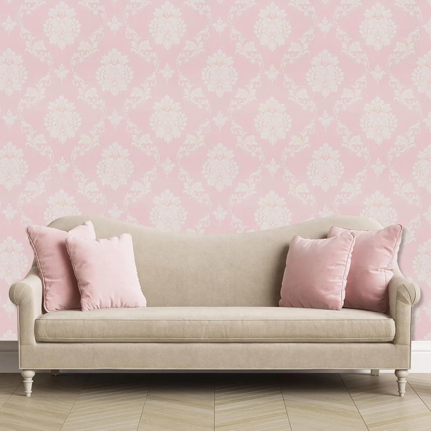 TORC Pink Damask Wallpaper Peel and Stick 20.8 in x 32.8 ft, Self Adhensive Victorian Contact Paper for Nursery Girls Bedroom Removable Waterproof