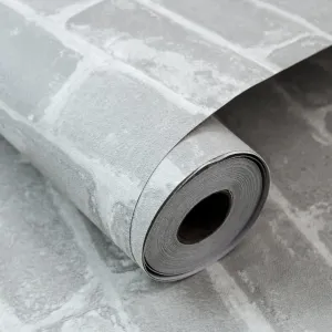 TORC Thick Grey Brick Wallpaper Peel and Stick 20.8 inch x 32.8 ft, Self Adhensive Brick Contact Paper for Fireplace Wall Removable
