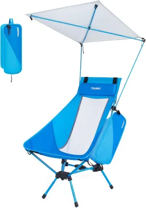 TOURIT Folding Beach Chair with Sunshade, Portable Camping Backpack Chair with Head Support, Low Profile, Lightweight High Back Design for Adults, UPF 50  Sun Protection, Supports 380 lbs, Blue