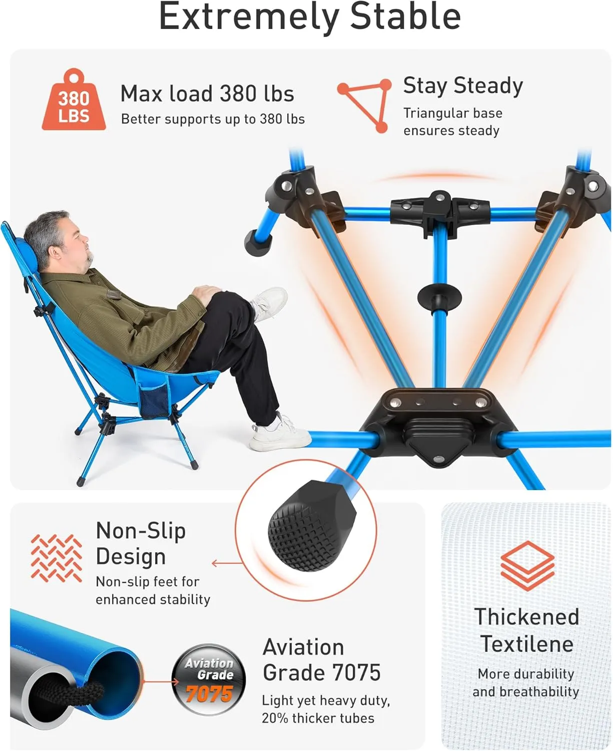 TOURIT Folding Beach Chair with Sunshade, Portable Camping Backpack Chair with Head Support, Low Profile, Lightweight High Back Design for Adults, UPF 50  Sun Protection, Supports 380 lbs, Blue