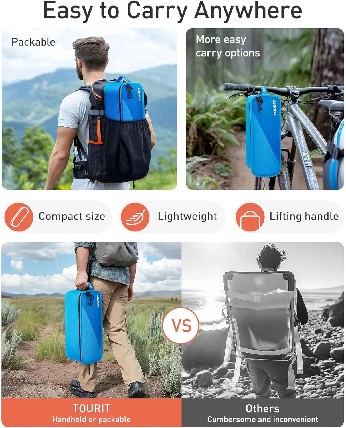 TOURIT Folding Beach Chair with Sunshade, Portable Camping Backpack Chair with Head Support, Low Profile, Lightweight High Back Design for Adults, UPF 50  Sun Protection, Supports 380 lbs, Blue