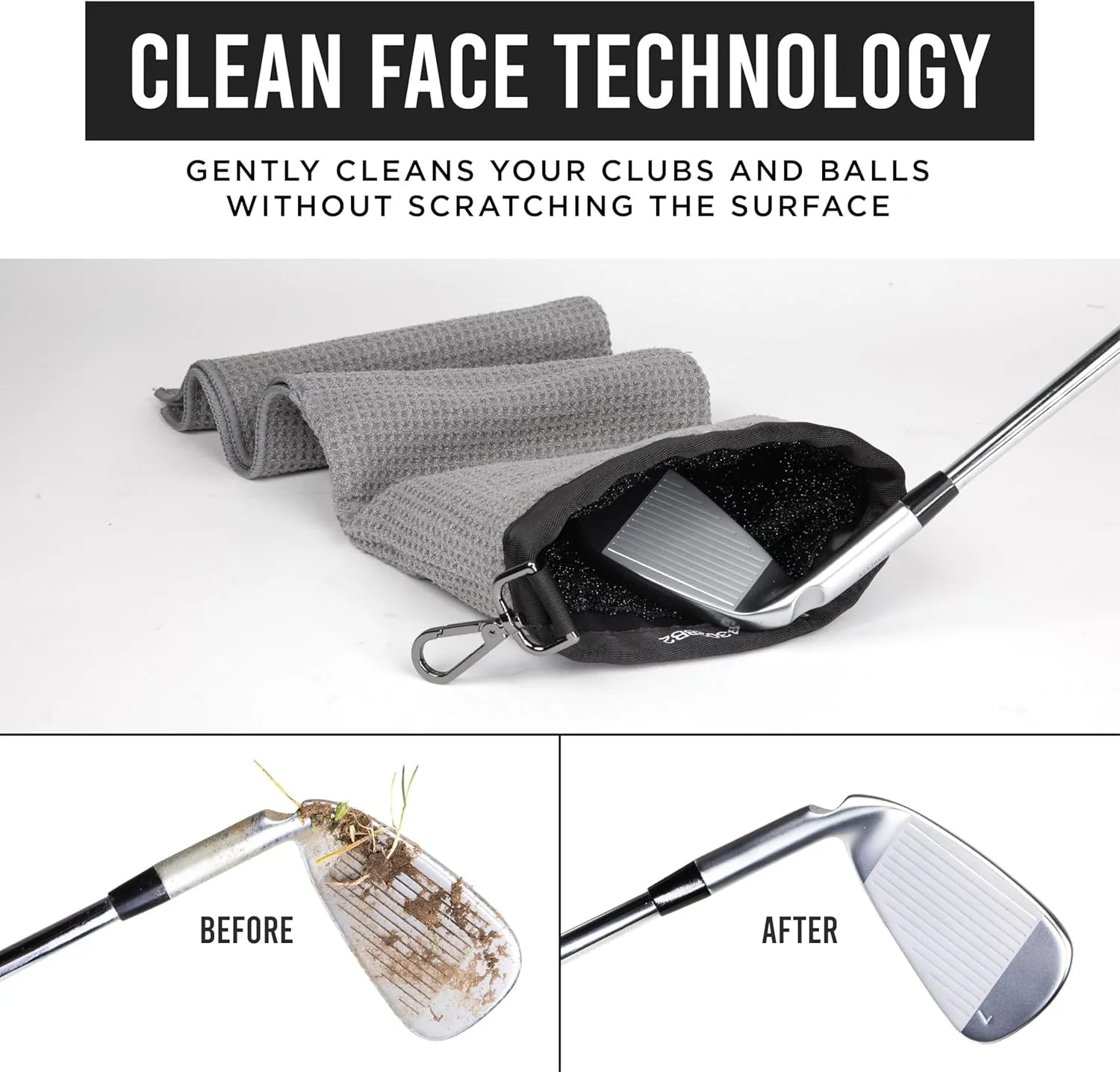 Towel Pro, Golf Club and Ball Cleaning Pouch with Attached Towel, Waterproof Exterior, Clean Face Technology Liner, Machine Washable, Cleans Club Grooves, Waffle-Weave Microfiber