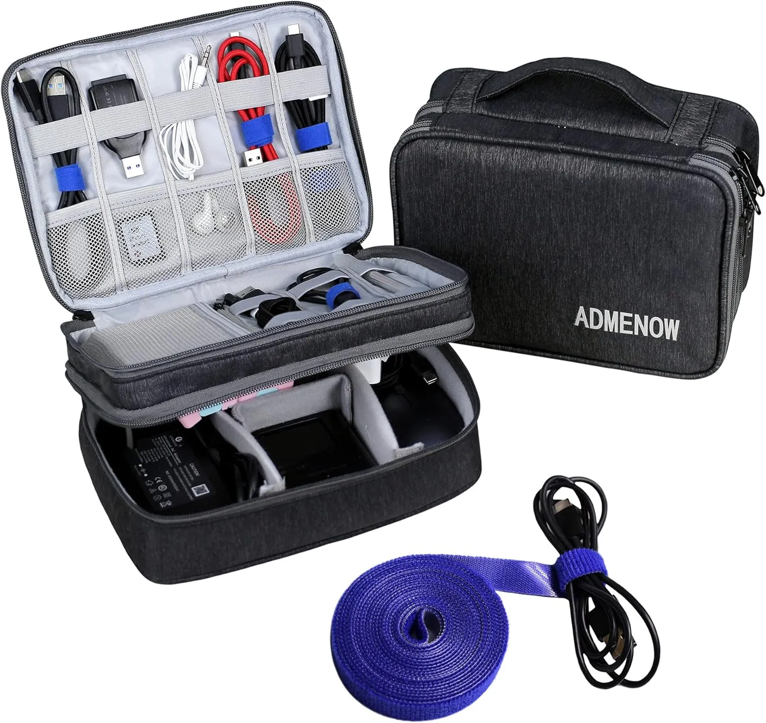 Travel Tech Organizer Bag Electronics Accessories Cable Shockproof Case Charger IT Cord Wire Water Resistant Double Layers Medium Pouch (Black)