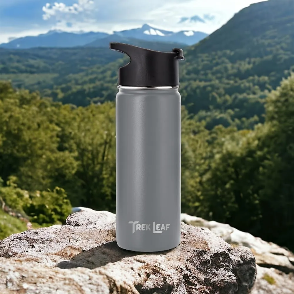 Travel Water Bottle with 3 Lids (Spout, Straw, Flip) Leak Proof, Quality, Vacuum Insulated, Stainless Steel (Gray, 18 oz)