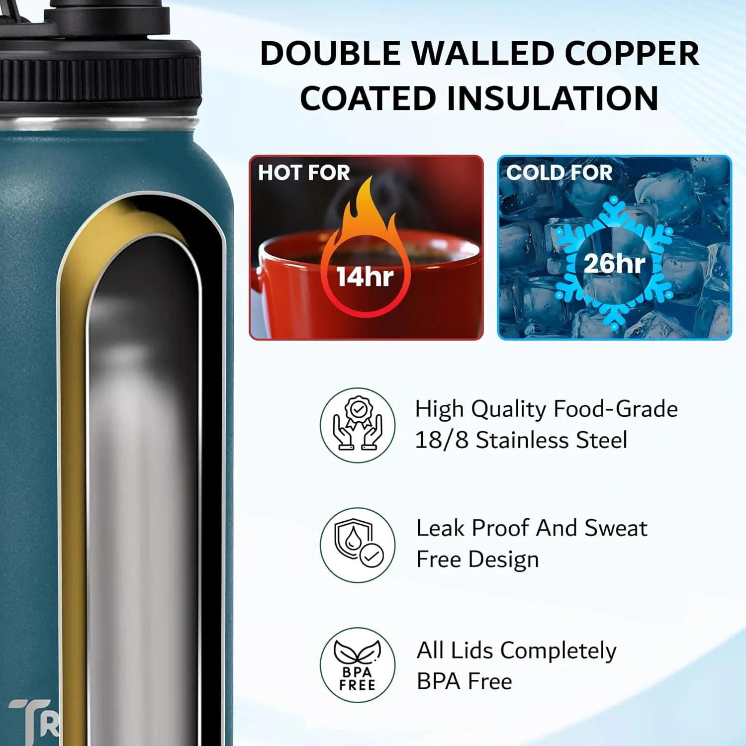 Travel Water Bottle with 3 Lids (Spout, Straw, Flip) Leak Proof, Quality, Vacuum Insulated, Stainless Steel (Gray, 18 oz)