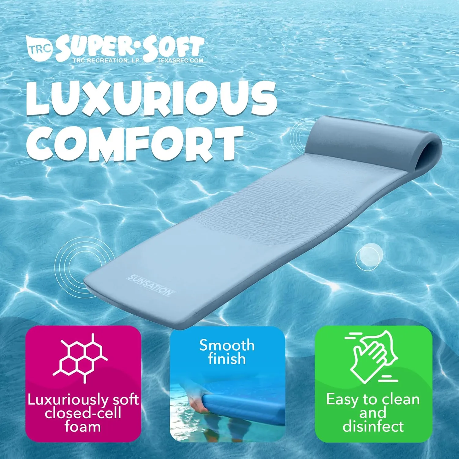 TRC Recreation Sunsation Vinyl Coated Foam Swimming Pool Float Mat Adult Lounger with Built-in Roll Pillow