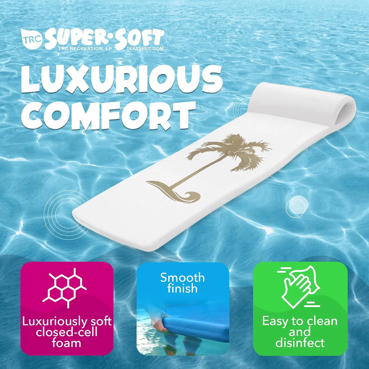 TRC Recreation Sunsation Vinyl Coated Foam Swimming Pool Float Mat Adult Lounger with Built-in Roll Pillow