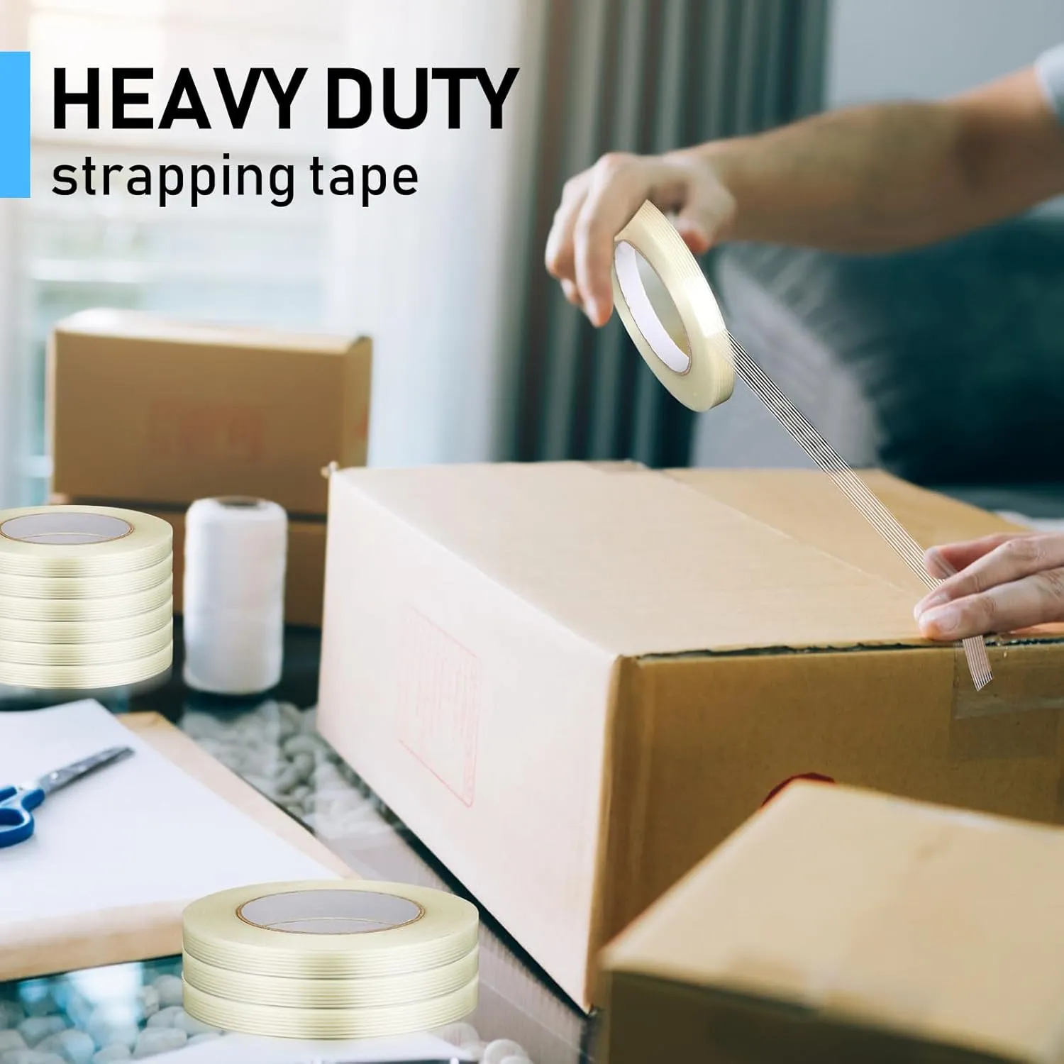Treela 20 Rolls Filament Strapping Tape 5.5 Mil Transparent Reinforced Fiberglass Heavy Duty Packing Shipping Tape for Sealing Binding Fixing (1/2 Inch X 60 Yards)