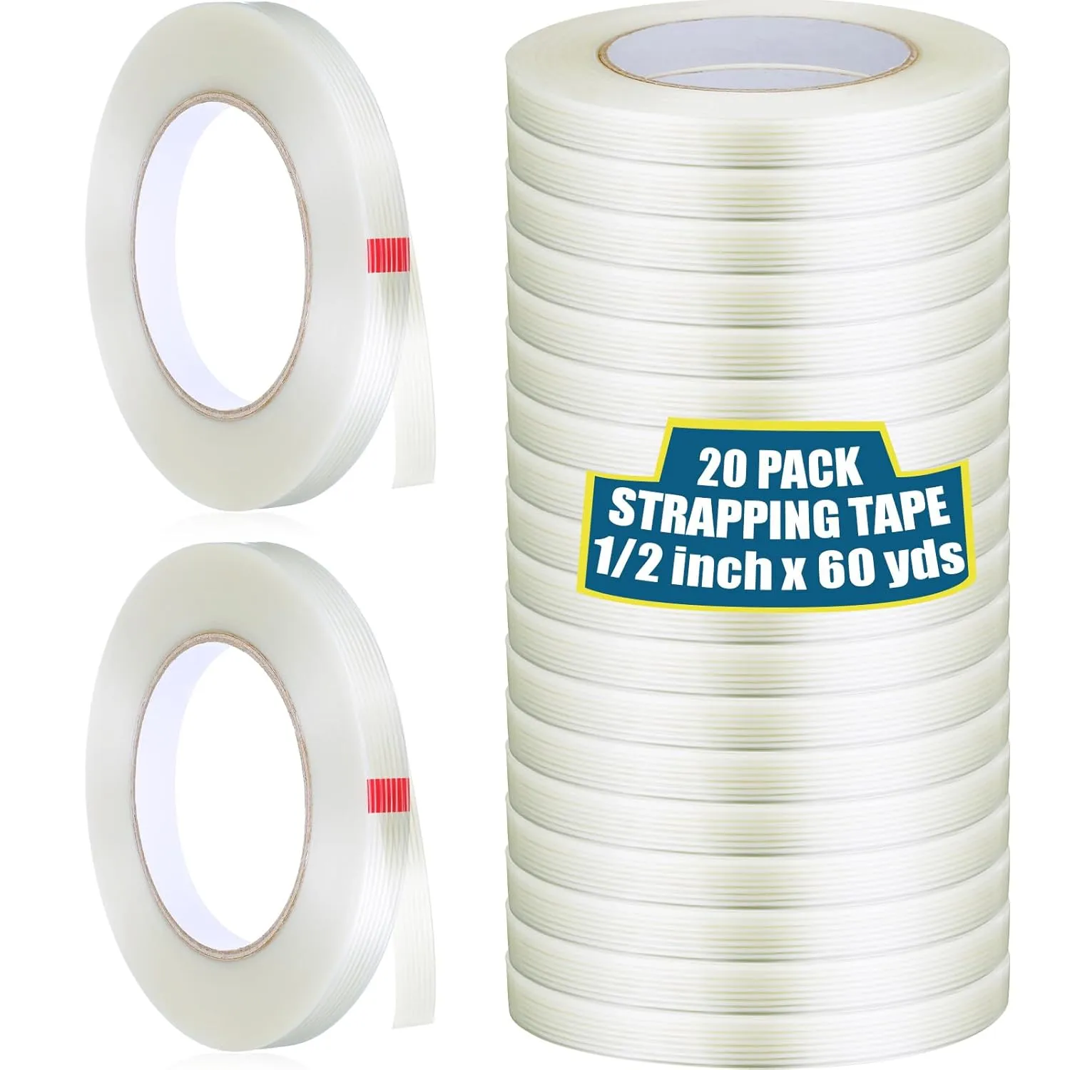Treela 20 Rolls Filament Strapping Tape 5.5 Mil Transparent Reinforced Fiberglass Heavy Duty Packing Shipping Tape for Sealing Binding Fixing (1/2 Inch X 60 Yards)