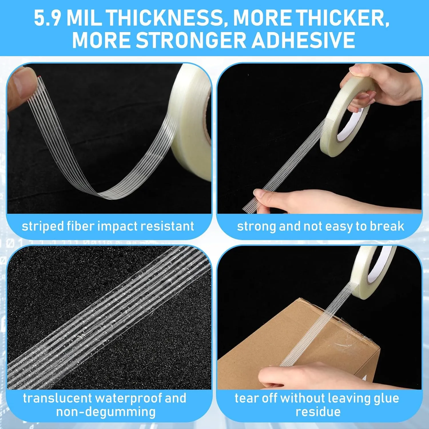 Treela 20 Rolls Filament Strapping Tape 5.5 Mil Transparent Reinforced Fiberglass Heavy Duty Packing Shipping Tape for Sealing Binding Fixing (1/2 Inch X 60 Yards)