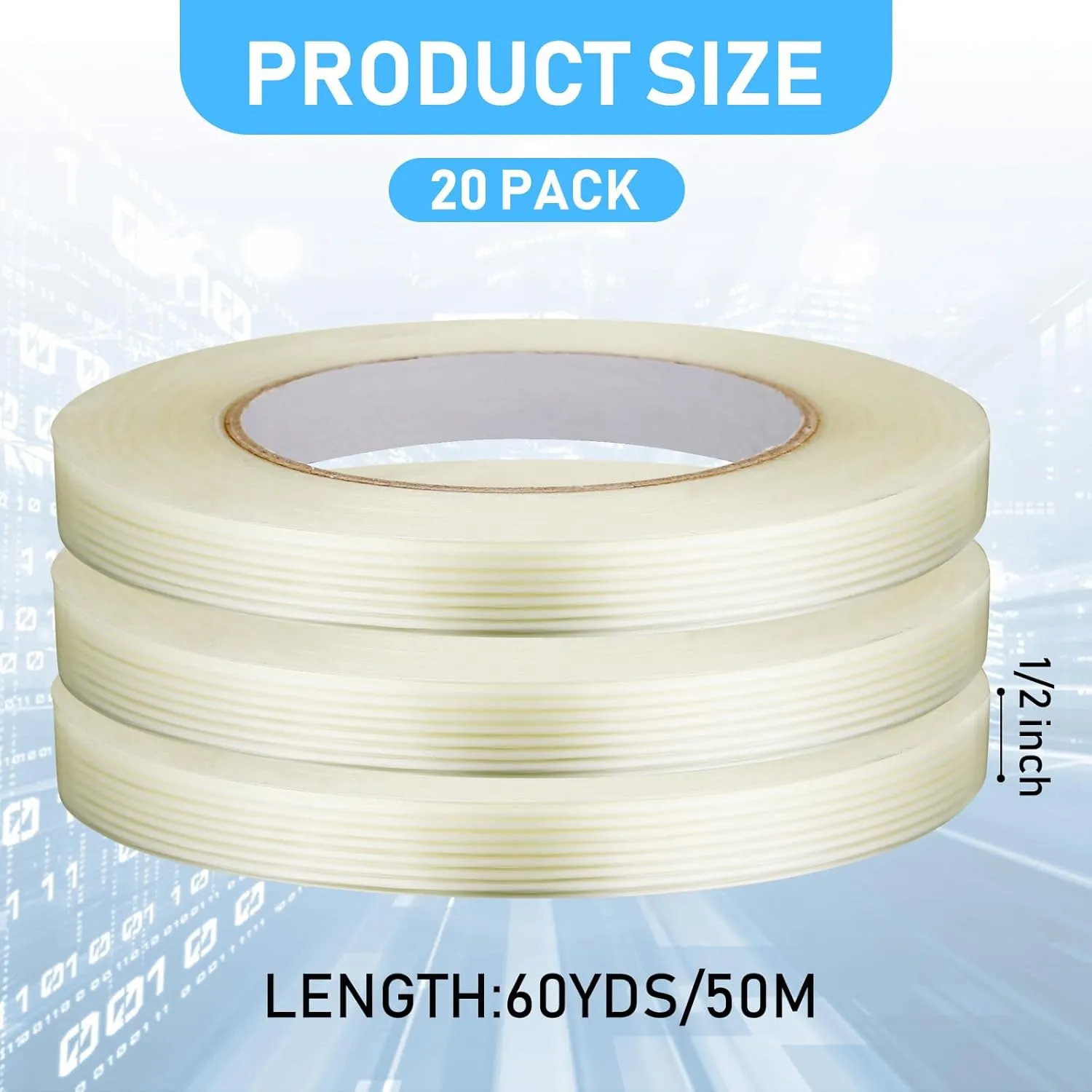 Treela 20 Rolls Filament Strapping Tape 5.5 Mil Transparent Reinforced Fiberglass Heavy Duty Packing Shipping Tape for Sealing Binding Fixing (1/2 Inch X 60 Yards)