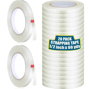 Treela 20 Rolls Filament Strapping Tape 5.5 Mil Transparent Reinforced Fiberglass Heavy Duty Packing Shipping Tape for Sealing Binding Fixing (1/2 Inch X 60 Yards)