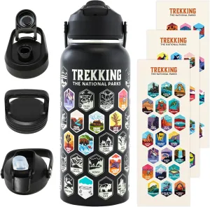 Trekking The National Parks Water Bottle with 63 Waterproof Stickers & 3 Lids (Straw, Spout, & Chug) | 32 Oz Insulated Wide Mouth Stainless Steel Bottle for Camping & Hiking | BPA-Free and Leak-Proof