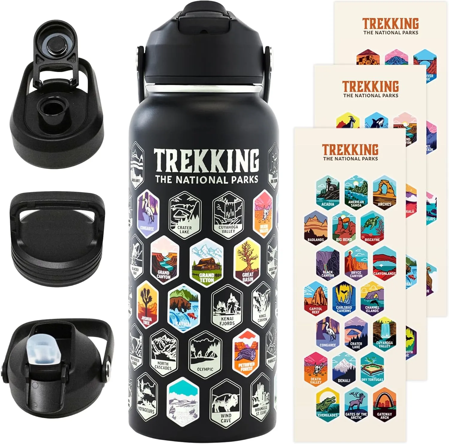 Trekking The National Parks Water Bottle with 63 Waterproof Stickers & 3 Lids (Straw, Spout, & Chug) | 32 Oz Insulated Wide Mouth Stainless Steel Bottle for Camping & Hiking | BPA-Free and Leak-Proof