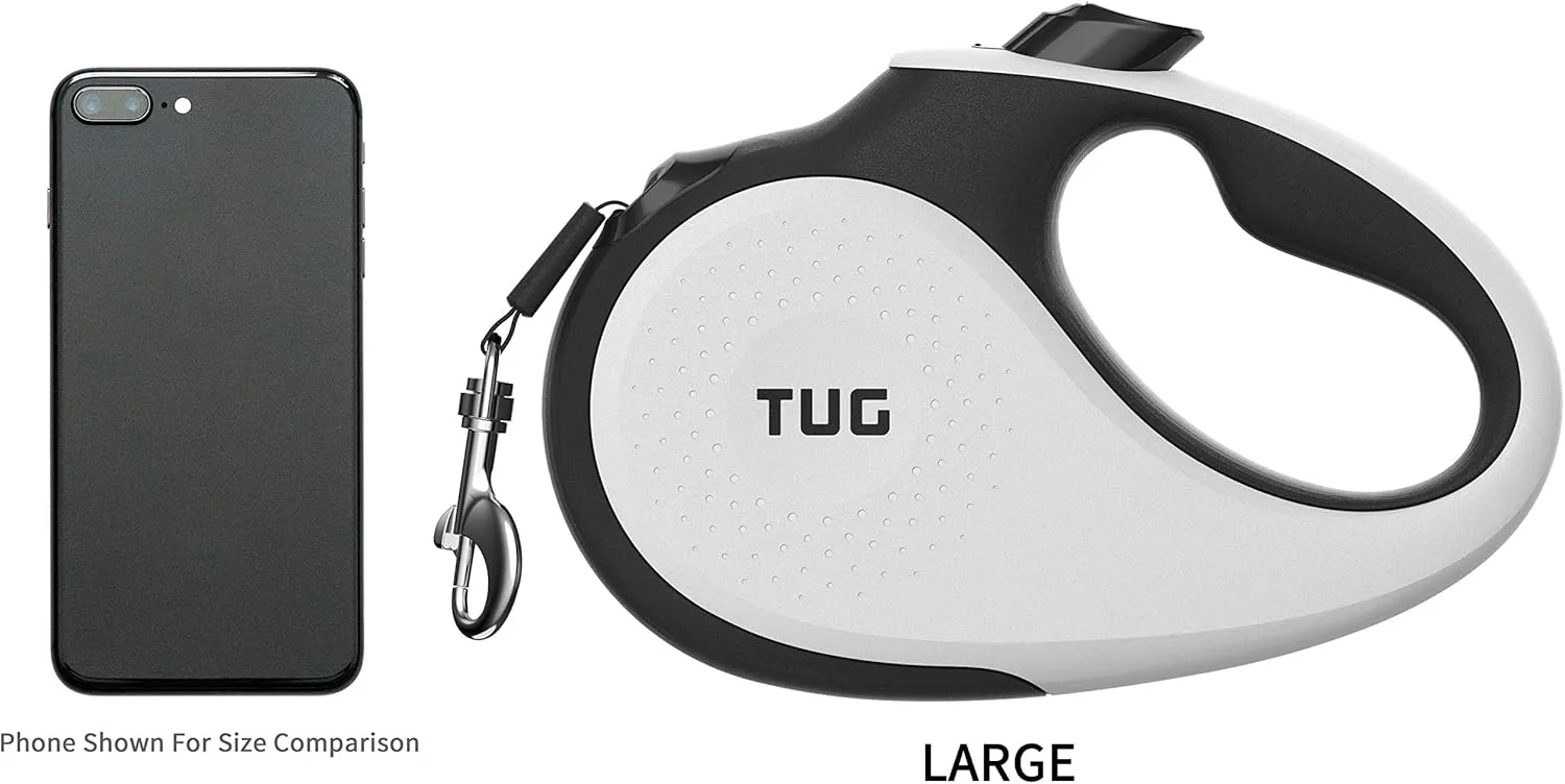 TUG 360° Tangle-Free Retractable Dog Leash | 16 ft Strong Nylon Tape | One-Handed Brake, Pause, Lock (Large, White)