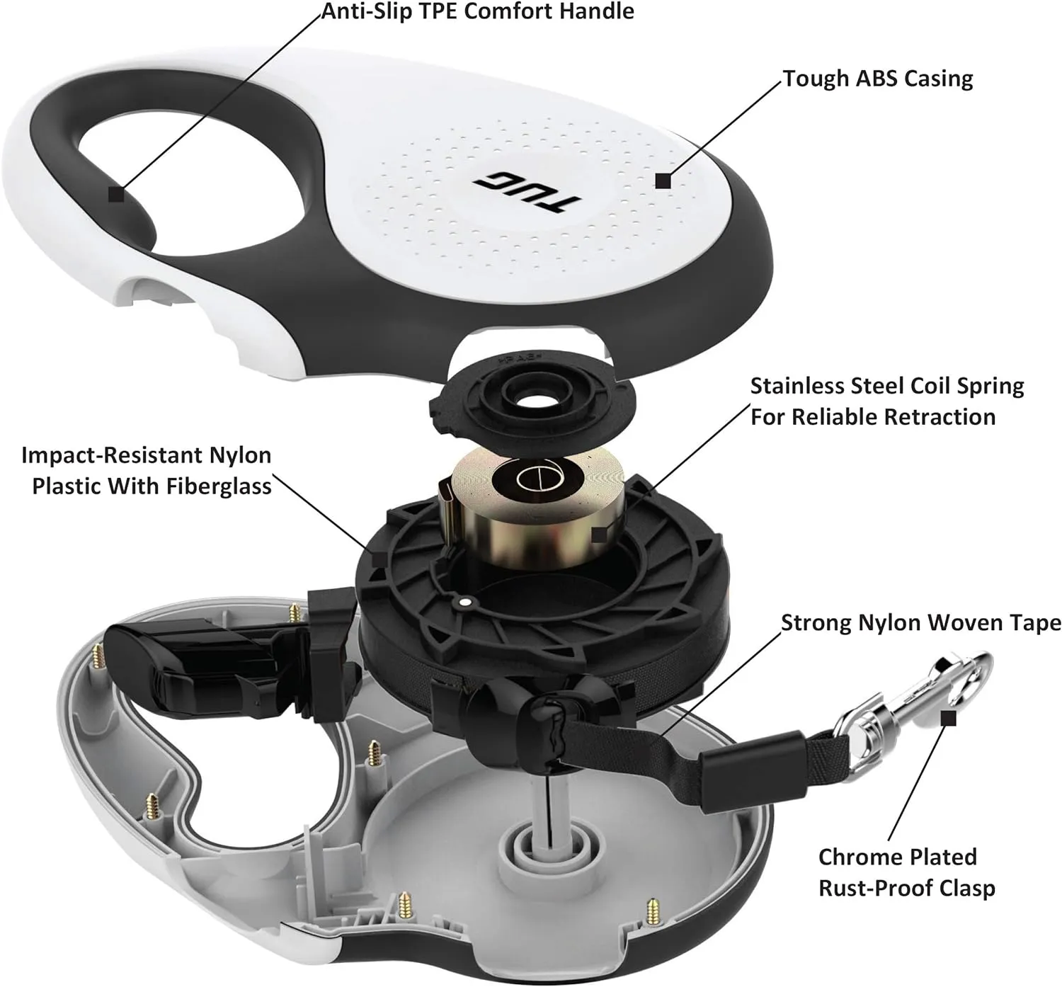 TUG 360° Tangle-Free Retractable Dog Leash | 16 ft Strong Nylon Tape | One-Handed Brake, Pause, Lock (Large, White)