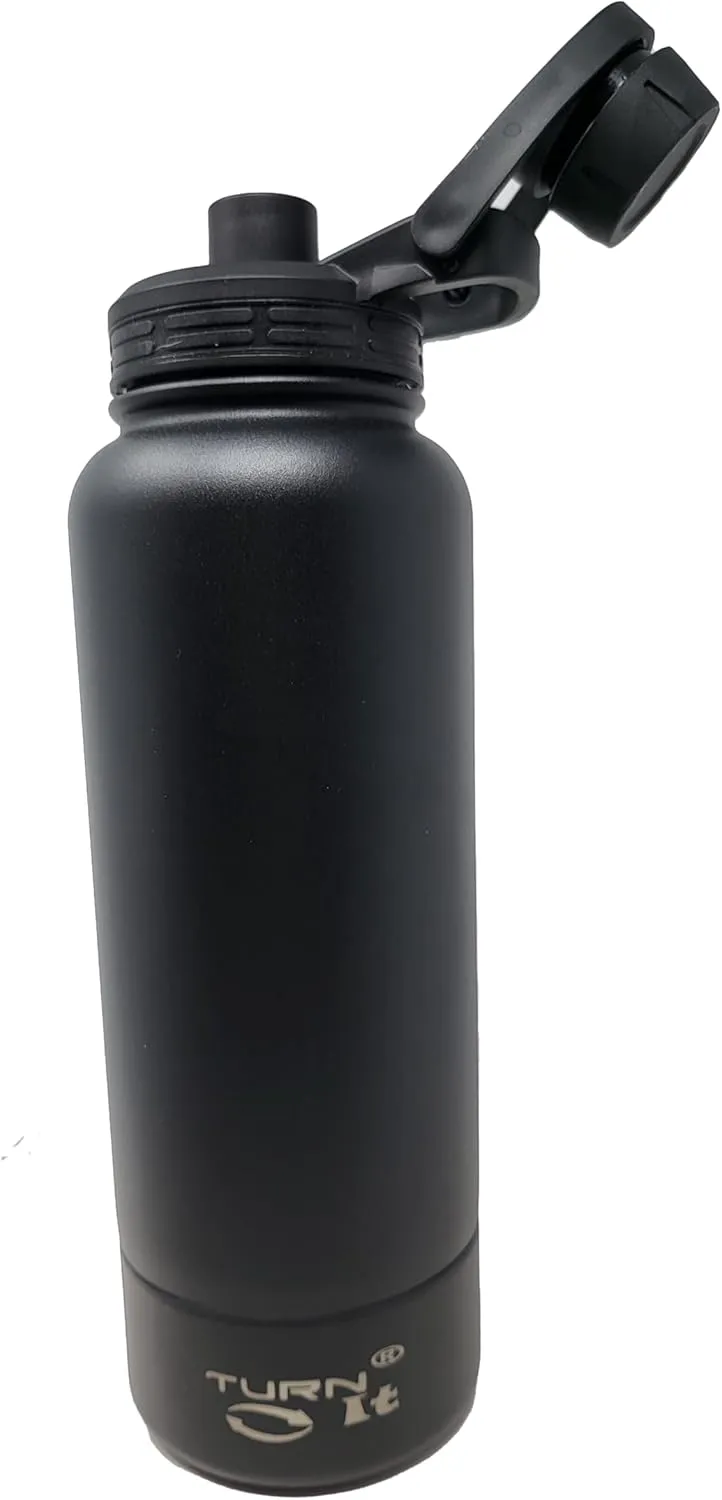 TURNIT® 32 oz Stainless Steel Sports Double Walled Wide Mouth Bottles with extra 8 oz Detachable Storage Compartment for small items like protein powder, keys, vitamins or cash. Sport Flip Cap (Black)