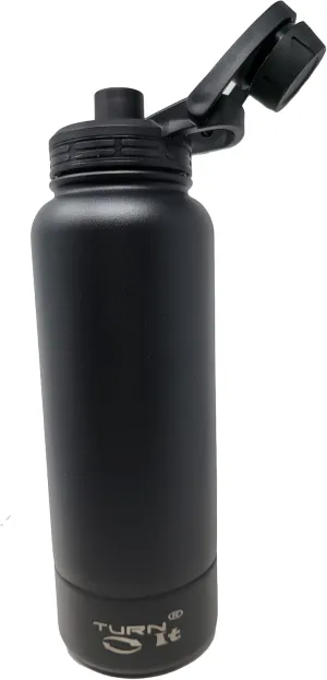 TURNIT® 32 oz Stainless Steel Sports Double Walled Wide Mouth Bottles with extra 8 oz Detachable Storage Compartment for small items like protein powder, keys, vitamins or cash. Sport Flip Cap (Black)
