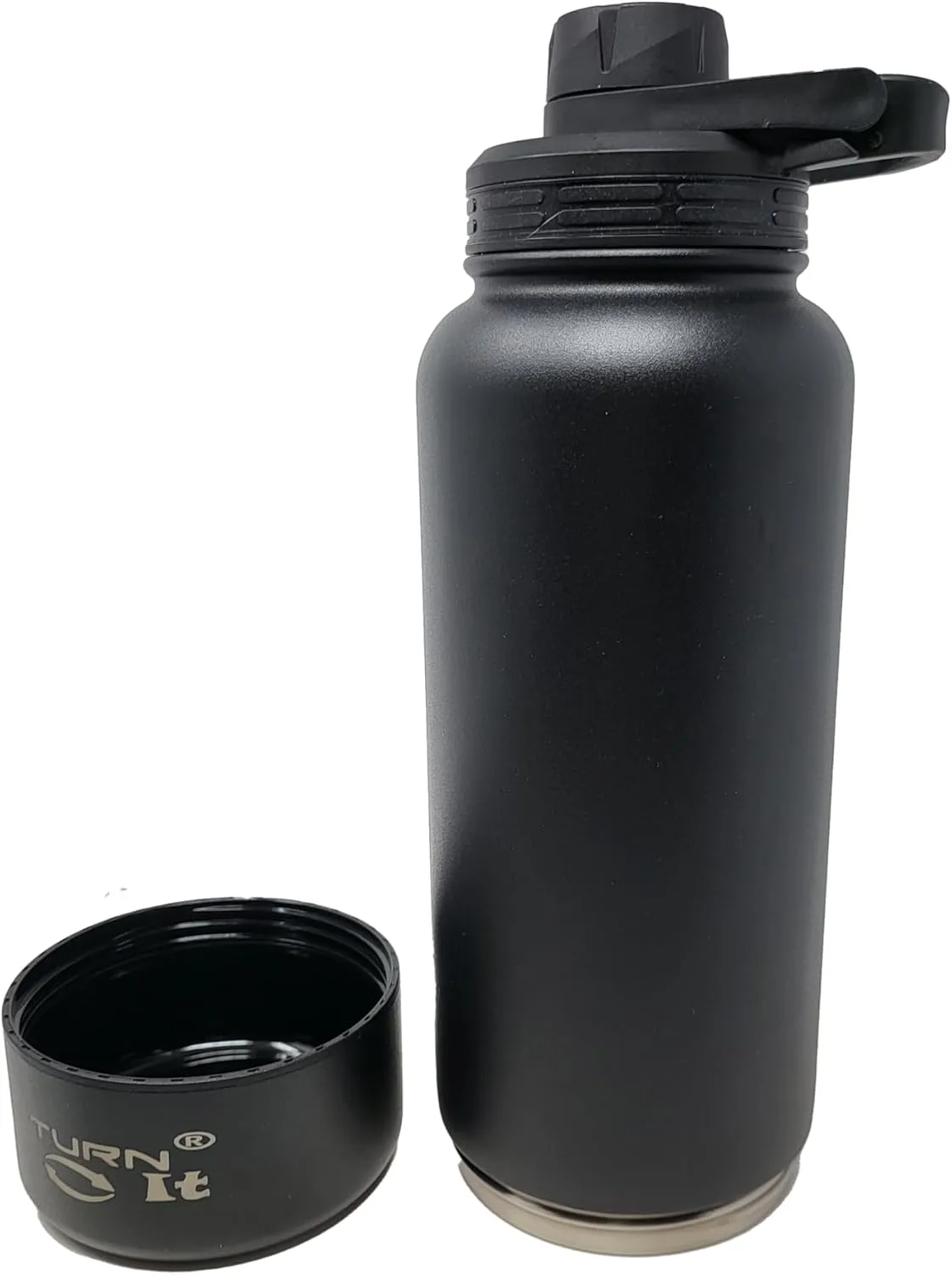 TURNIT® 32 oz Stainless Steel Sports Double Walled Wide Mouth Bottles with extra 8 oz Detachable Storage Compartment for small items like protein powder, keys, vitamins or cash. Sport Flip Cap (Black)