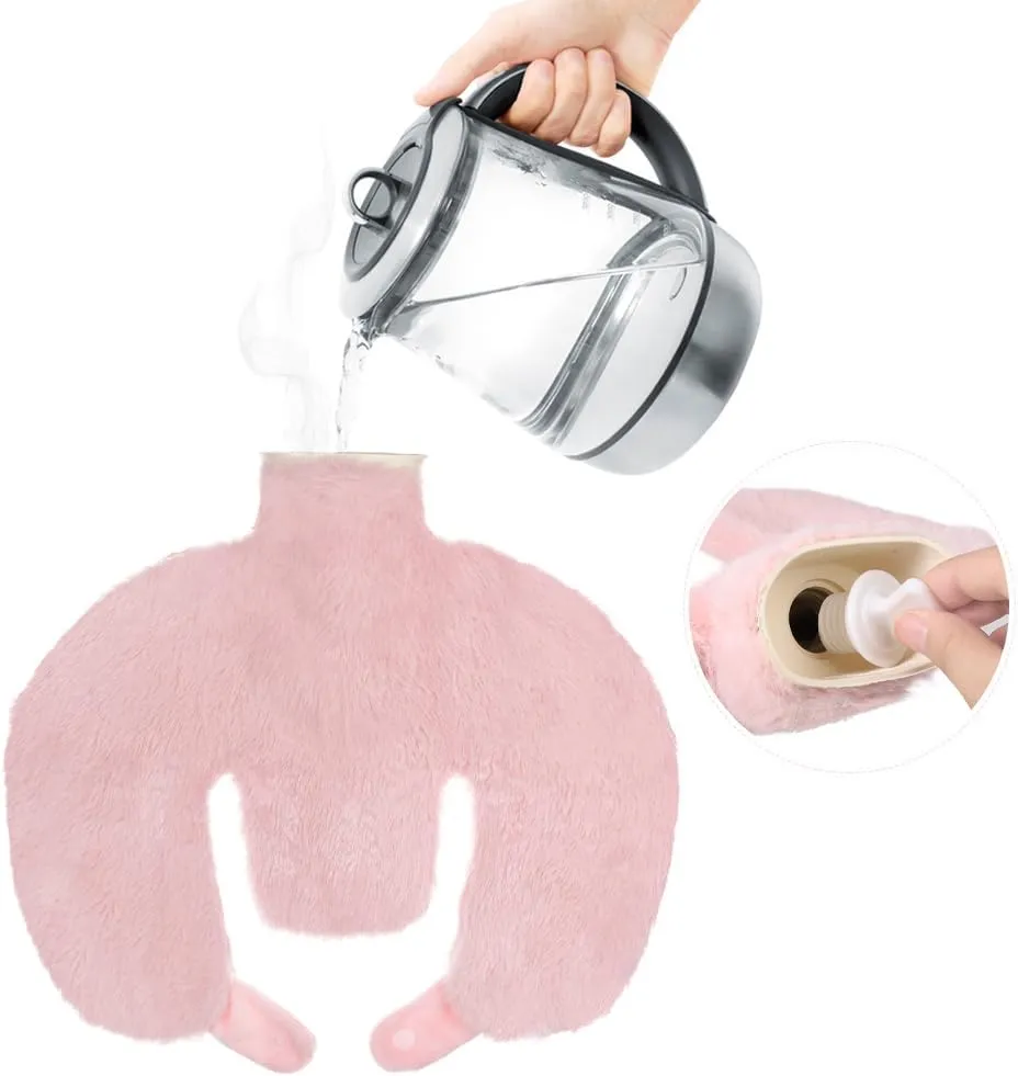 U Shaped Hot Water Bottle for Neck & Shoulder Soft Rubber Hot Water Bag with Plush Cover 1L Pain Relief Heat Pack Heating Wrap Pillow