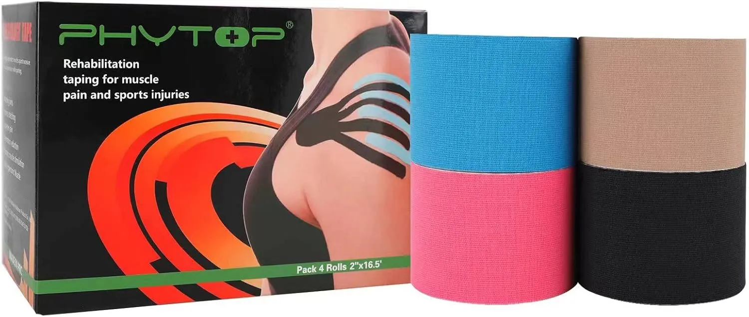 Uncut Kinesiology Tape Bulk 4 Rolls Sports Tape for Muscle (Pink, Blue, Black, Beige), K Tape for Physio Therapy and Knee Support