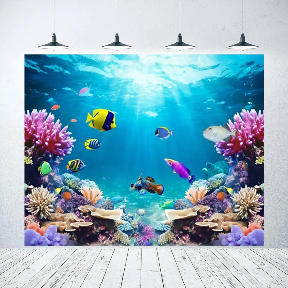 Under The Sea Backdrop 10x8ft Ocean Backdrop Underwater World Deep Sea Sunlight Tropical Fish Aquarium Photography Background Birthday Ocean Theme Party Decorations Photo Props